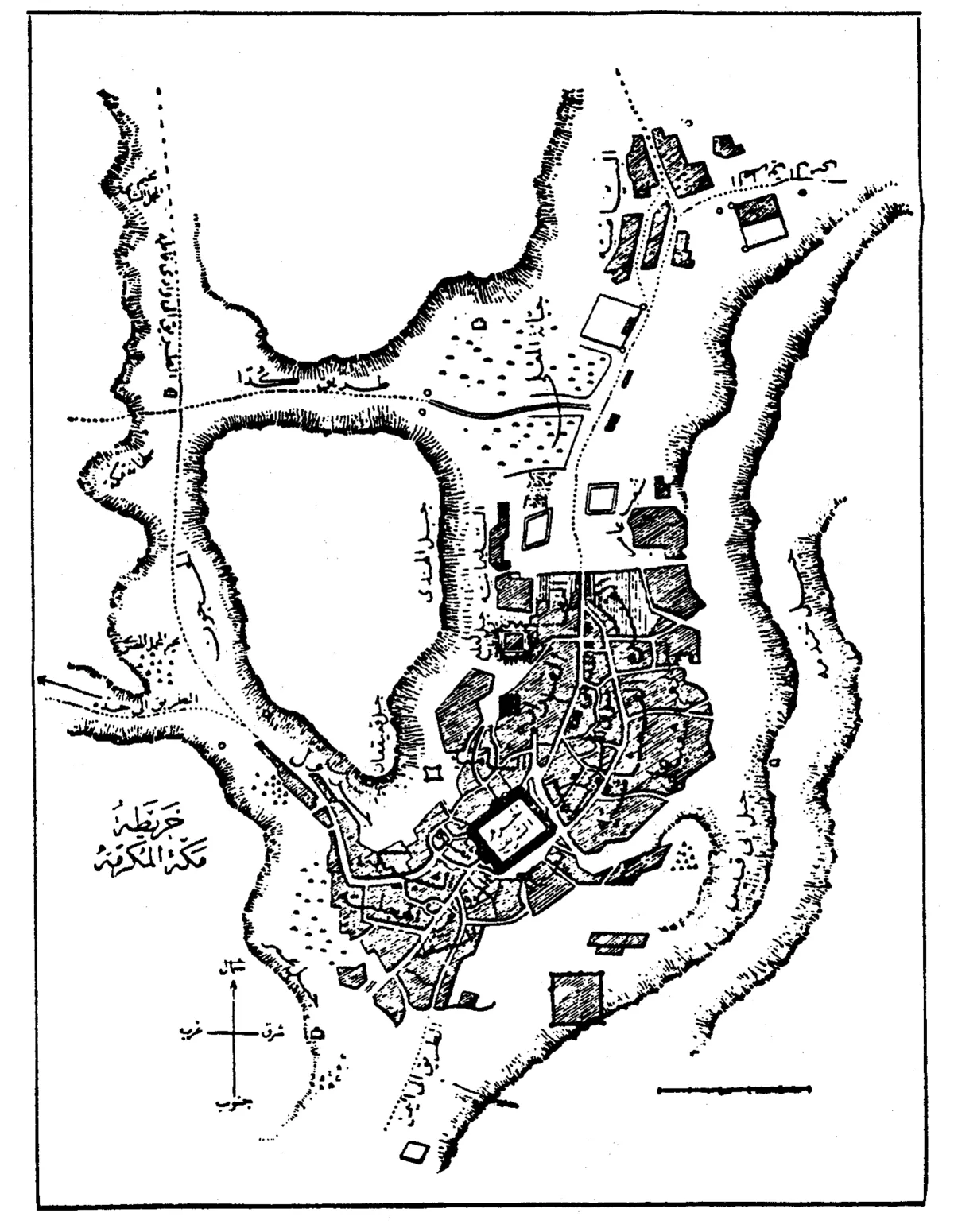 Map of Makkah (Mecca) showing the Ka‘bah at the centre of the old town, the surrounding houses and lanes, the hills of Abu Qubays and Qu‘ayqi‘an, and the roads leading out of the valley
